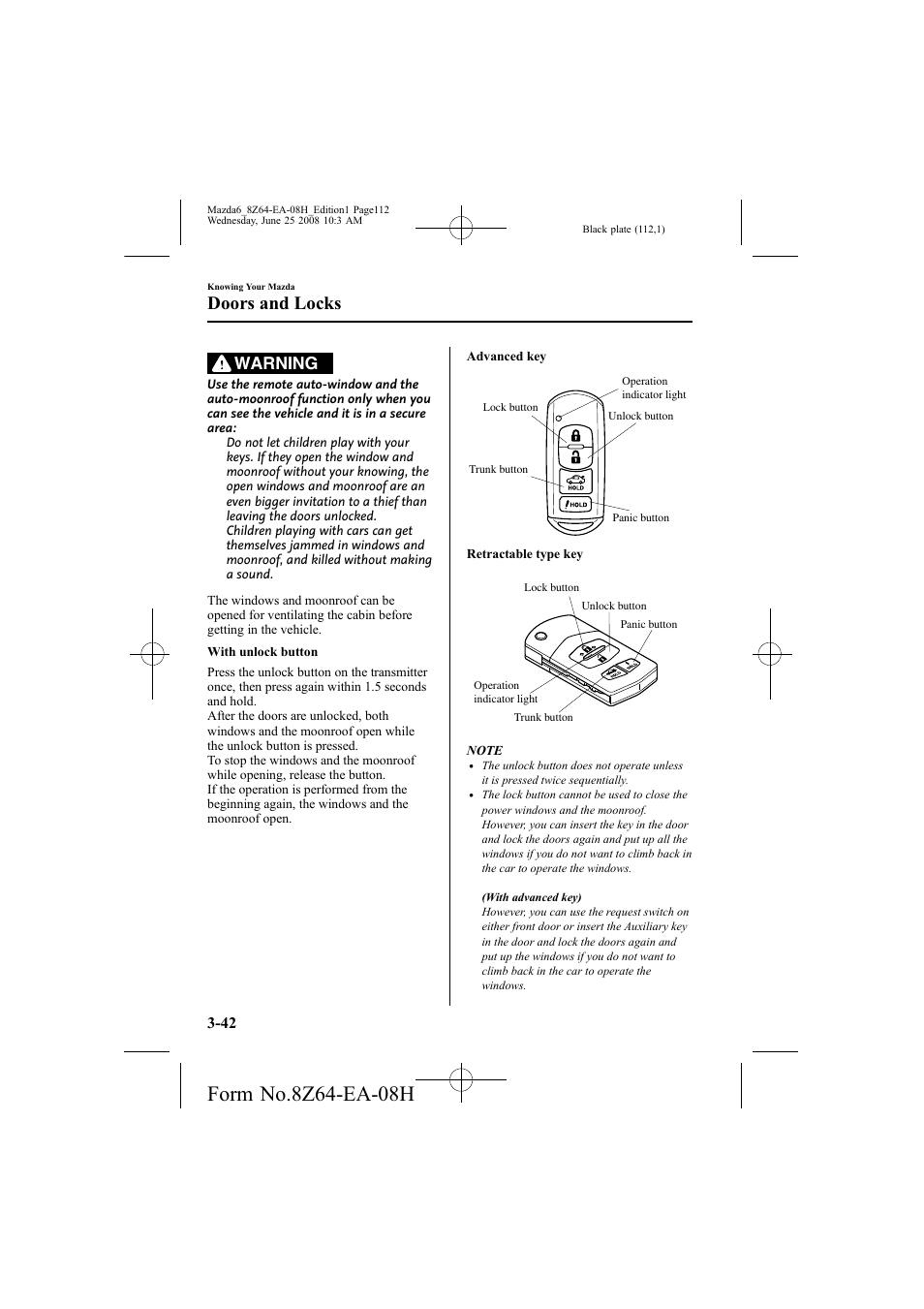 Doors and locks, Warning | Mazda 2009 6 User Manual | Page 112 / 464