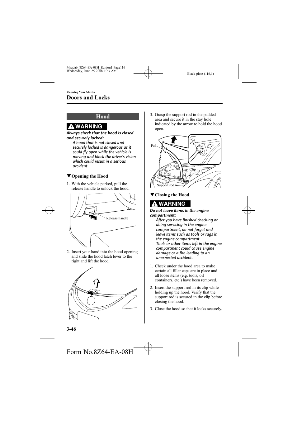 Hood, Doors and locks | Mazda 2009 6 User Manual | Page 116 / 464