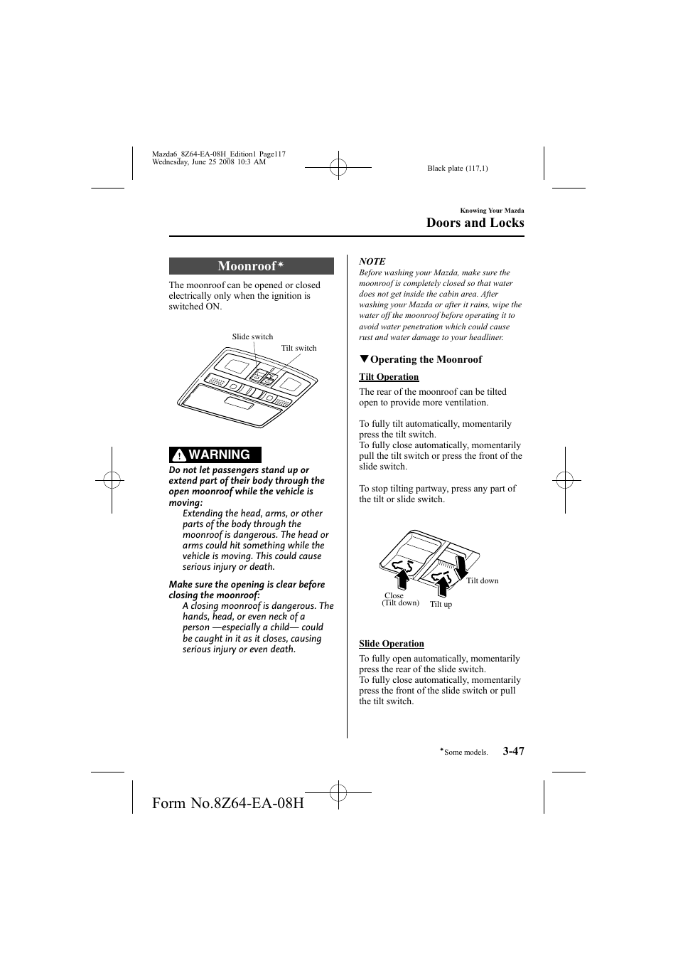 Moonroof, Doors and locks, Warning | Mazda 2009 6 User Manual | Page 117 / 464