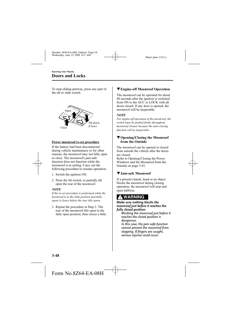 Doors and locks, Warning | Mazda 2009 6 User Manual | Page 118 / 464