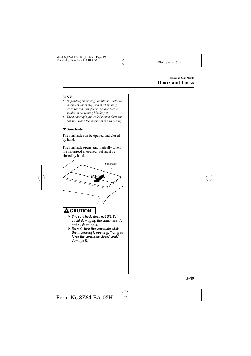 Doors and locks, Caution | Mazda 2009 6 User Manual | Page 119 / 464