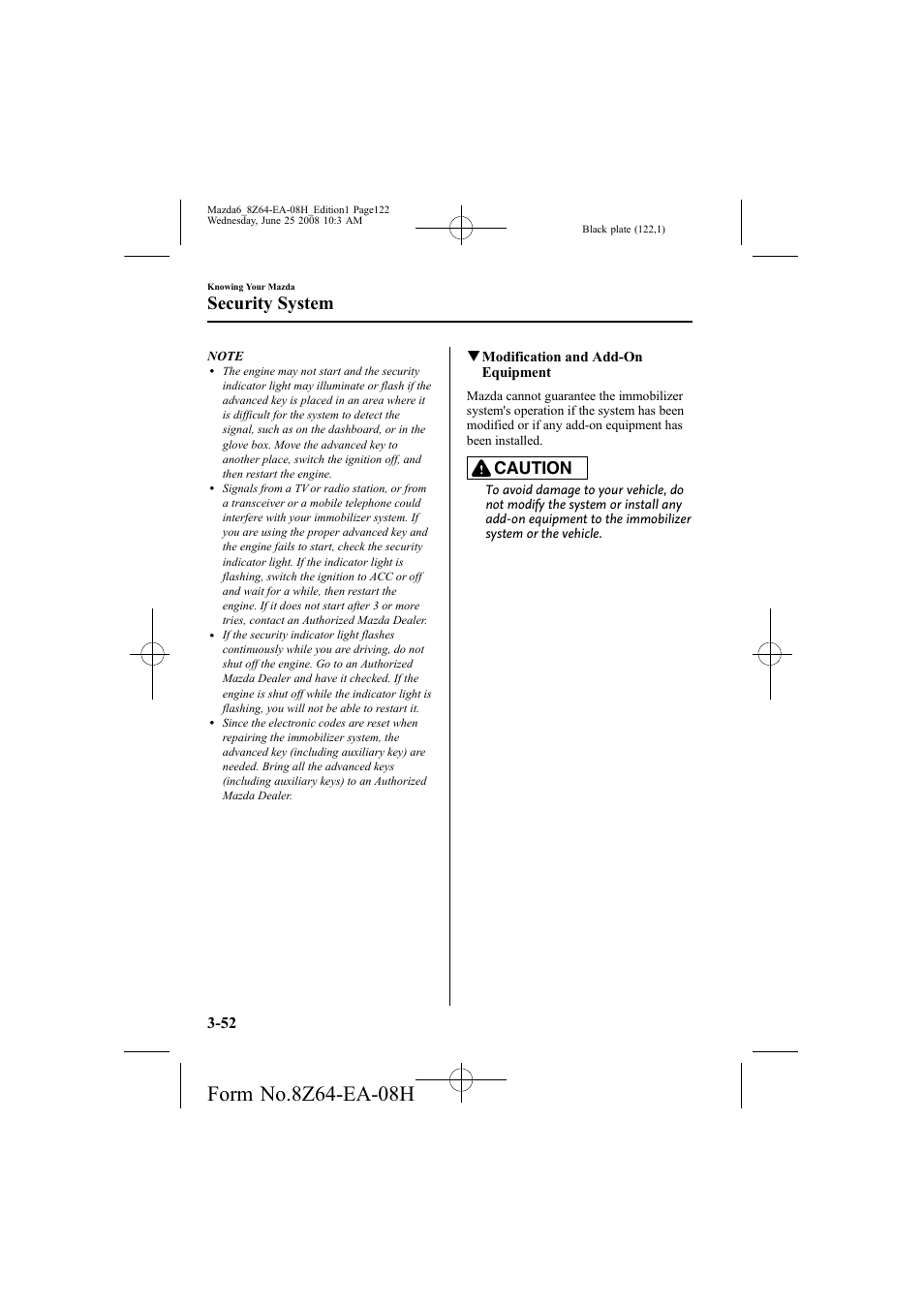 Security system, Caution | Mazda 2009 6 User Manual | Page 122 / 464