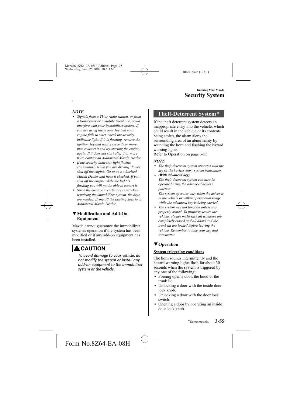 Theft-deterrent system, Security system, Caution | Qmodification and add-on equipment, Qoperation | Mazda 2009 6 User Manual | Page 125 / 464