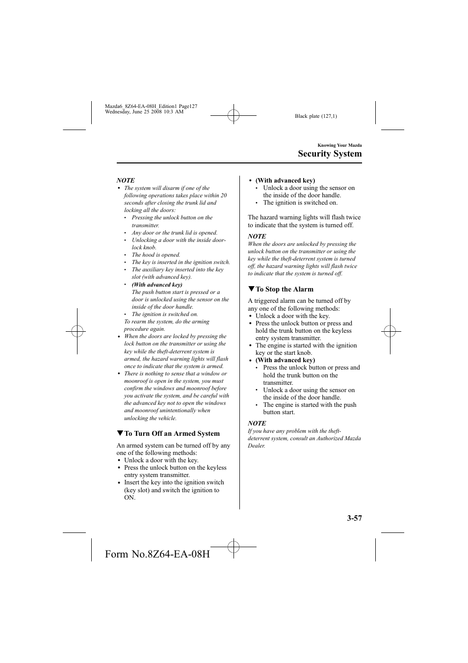 Security system, Qto turn off an armed system, Qto stop the alarm | Mazda 2009 6 User Manual | Page 127 / 464