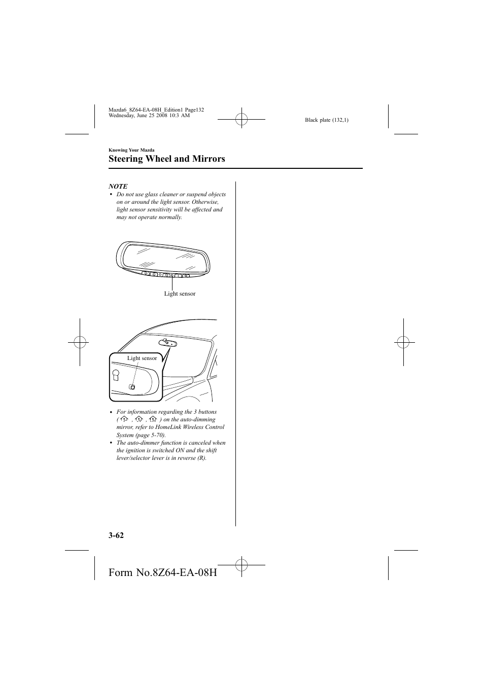 Steering wheel and mirrors | Mazda 2009 6 User Manual | Page 132 / 464