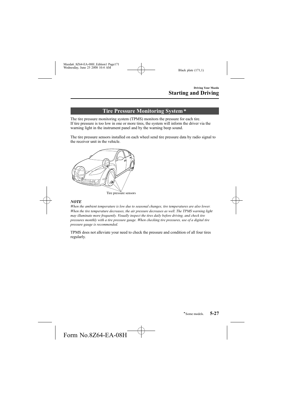 Tire pressure monitoring system, Starting and driving | Mazda 2009 6 User Manual | Page 171 / 464