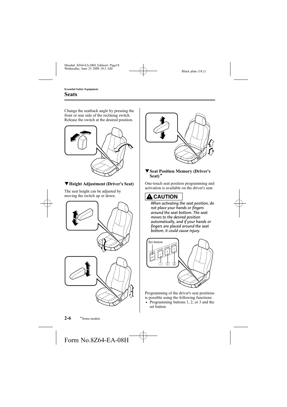 Seats, Caution | Mazda 2009 6 User Manual | Page 18 / 464