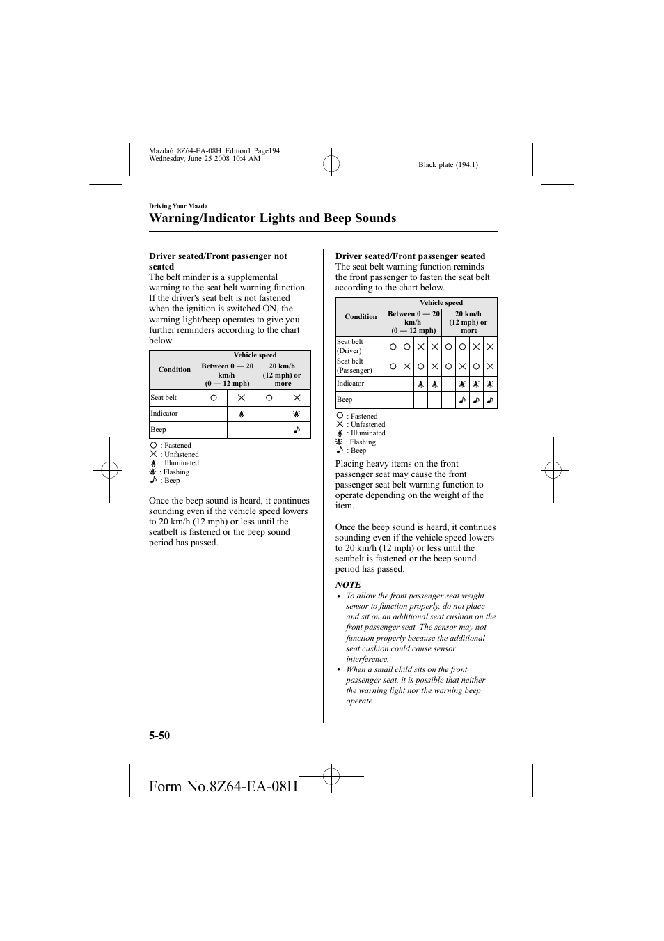 Warning/indicator lights and beep sounds | Mazda 2009 6 User Manual | Page 194 / 464