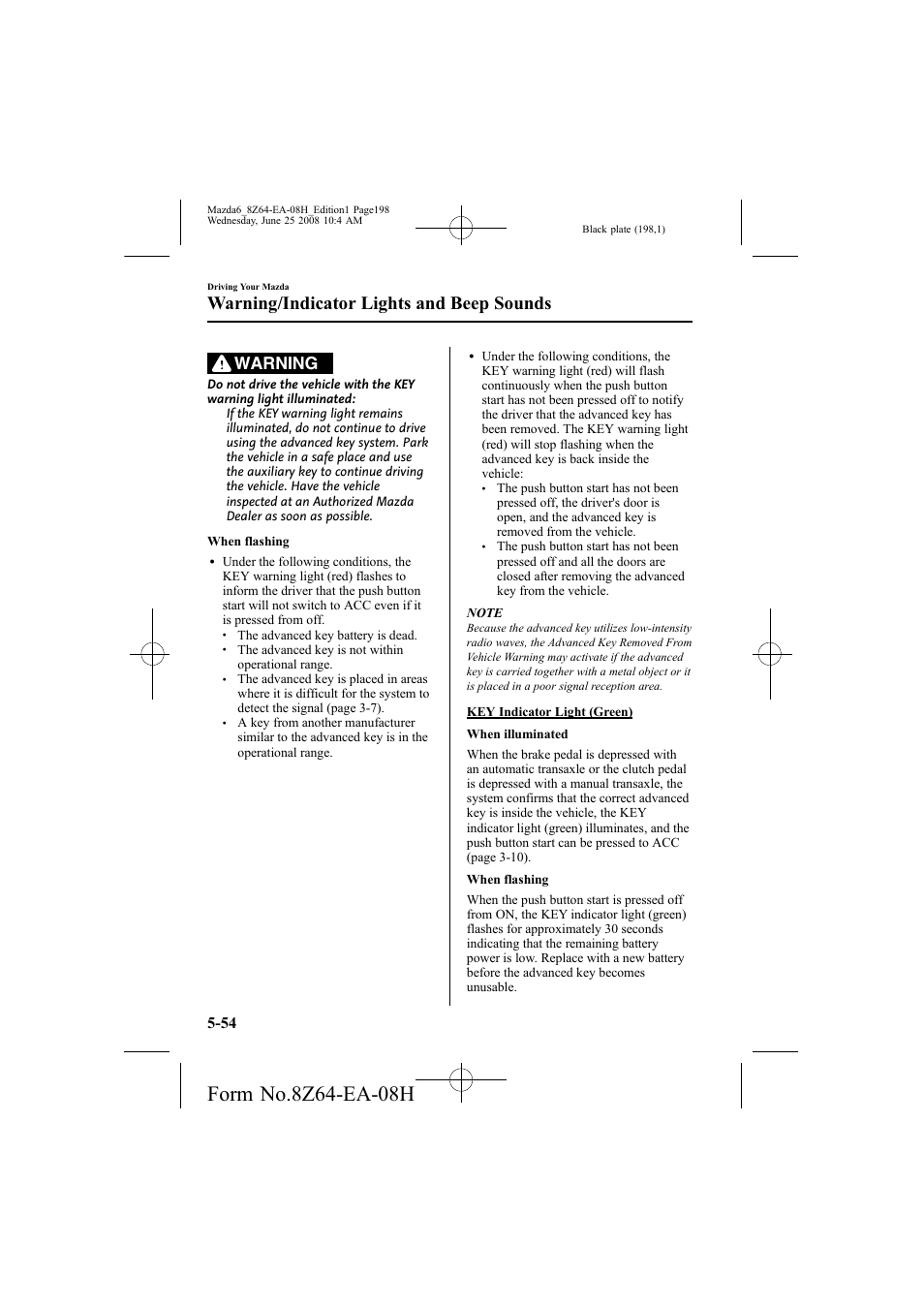 Warning/indicator lights and beep sounds, Warning | Mazda 2009 6 User Manual | Page 198 / 464