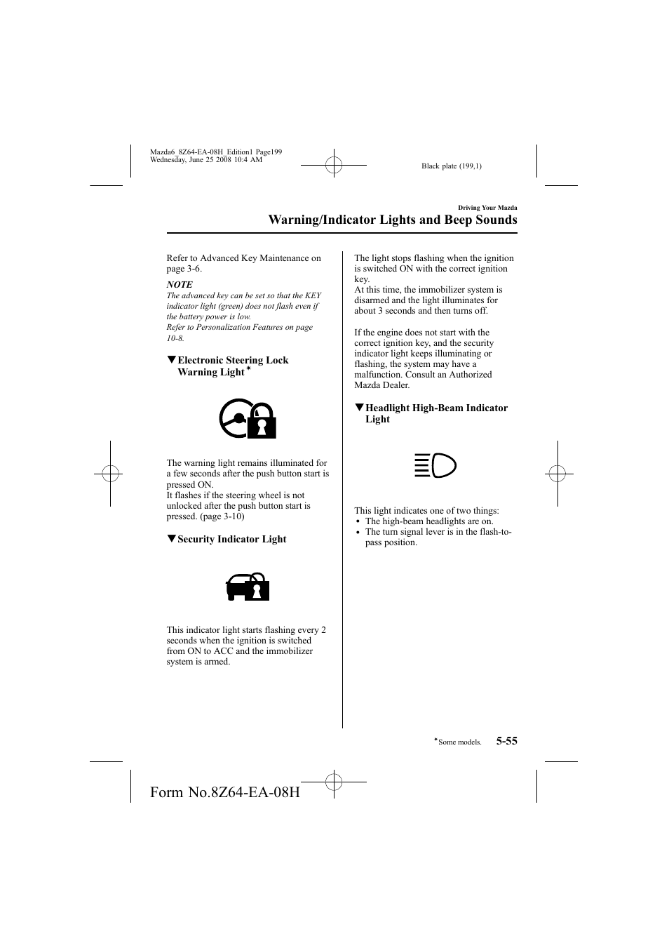 Warning/indicator lights and beep sounds | Mazda 2009 6 User Manual | Page 199 / 464