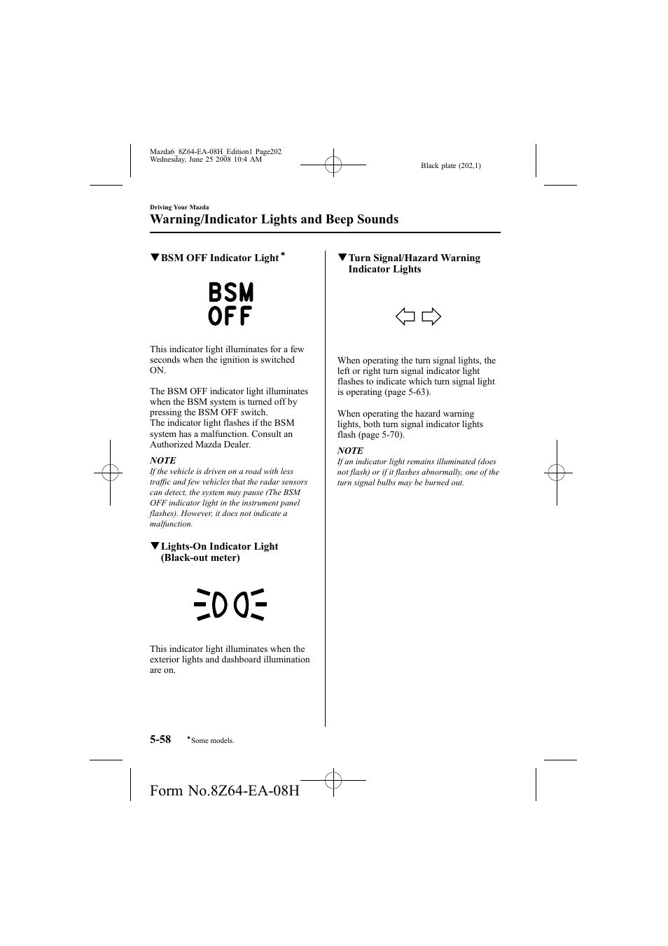 Warning/indicator lights and beep sounds | Mazda 2009 6 User Manual | Page 202 / 464