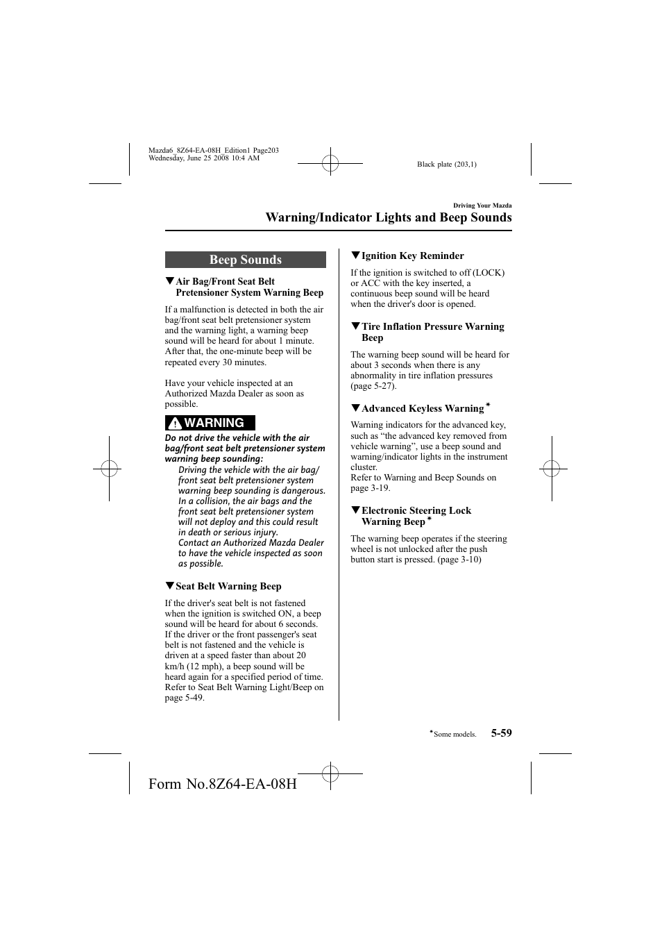 Beep sounds, Warning/indicator lights and beep sounds | Mazda 2009 6 User Manual | Page 203 / 464