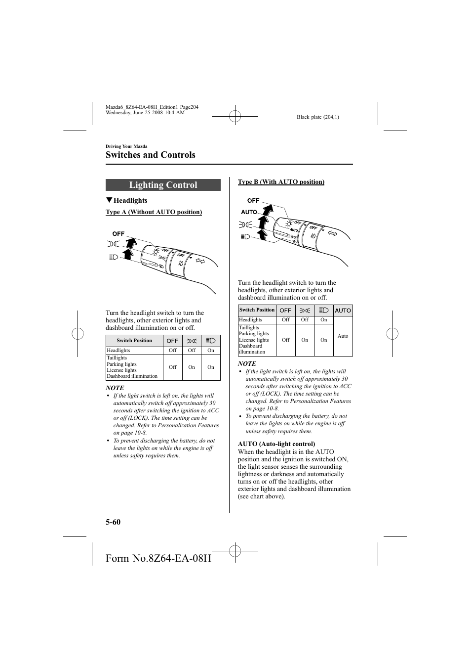 Lighting control, Switches and controls, Qheadlights | Mazda 2009 6 User Manual | Page 204 / 464