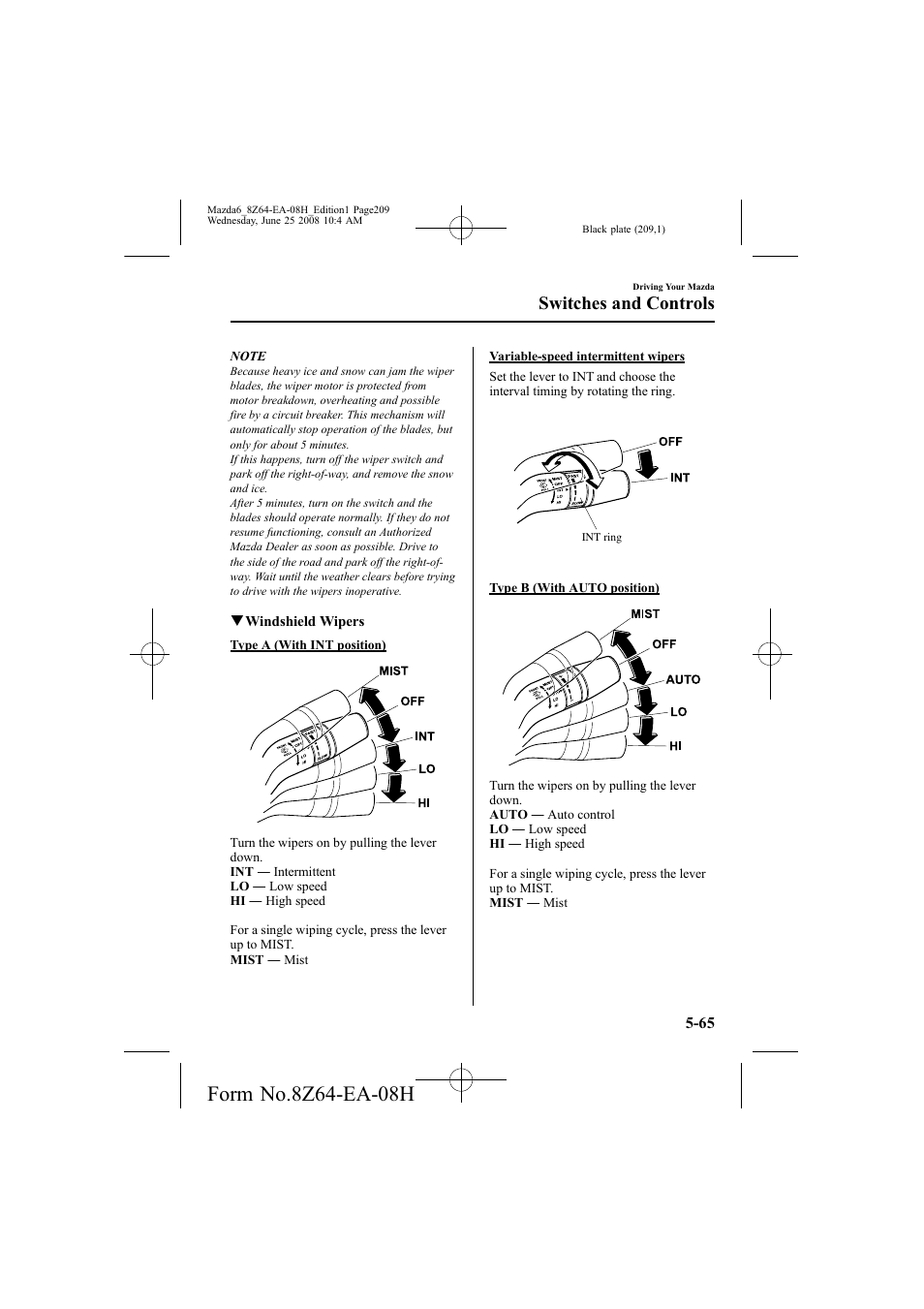 Switches and controls | Mazda 2009 6 User Manual | Page 209 / 464