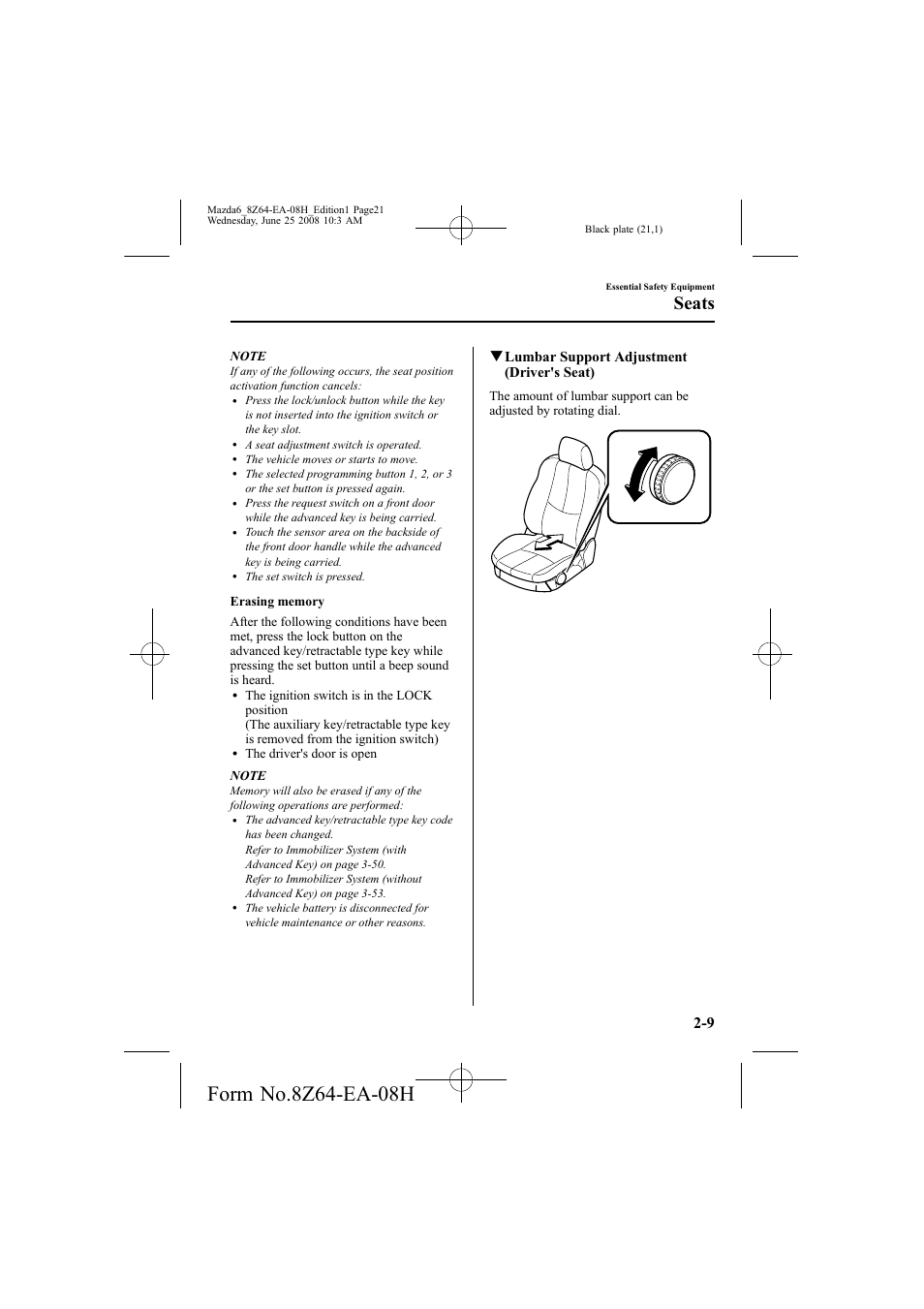 Seats, Qlumbar support adjustment (driver's seat) | Mazda 2009 6 User Manual | Page 21 / 464