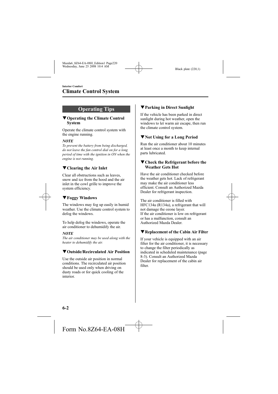 Operating tips, Climate control system | Mazda 2009 6 User Manual | Page 220 / 464