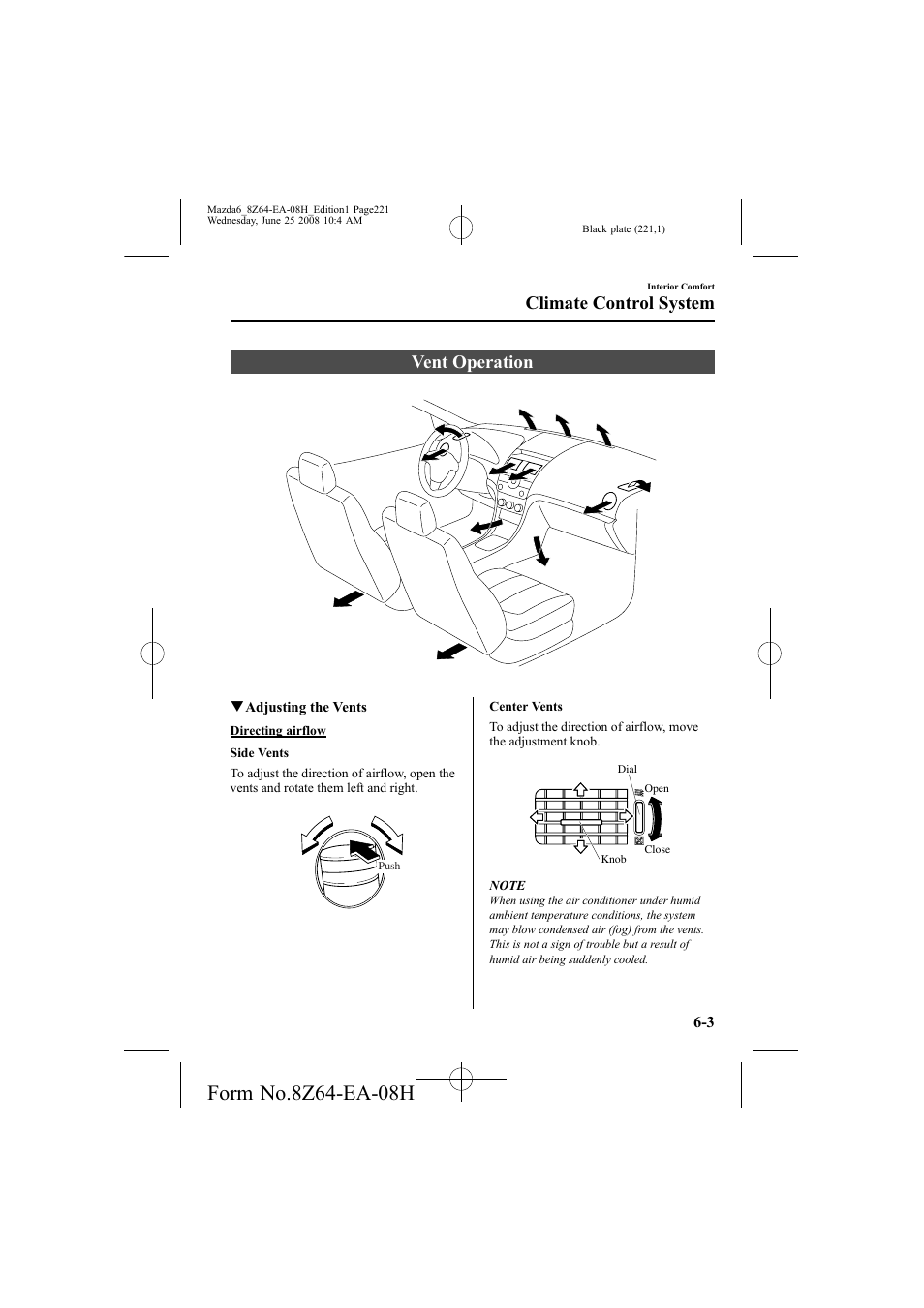 Vent operation, Climate control system | Mazda 2009 6 User Manual | Page 221 / 464