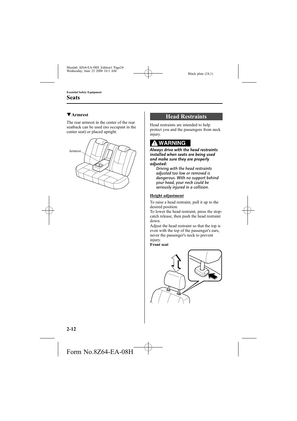 Head restraints, Seats | Mazda 2009 6 User Manual | Page 24 / 464