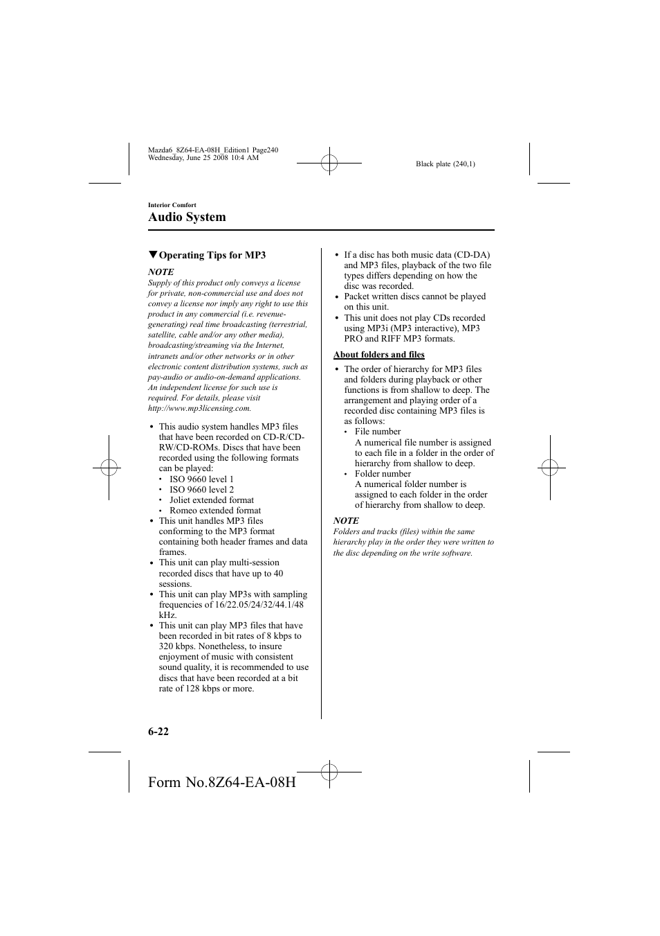 Audio system, Qoperating tips for mp3 | Mazda 2009 6 User Manual | Page 240 / 464