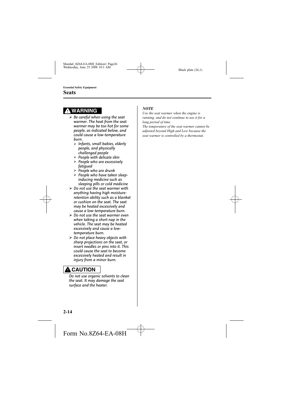 Seats, Warning, Caution | Mazda 2009 6 User Manual | Page 26 / 464