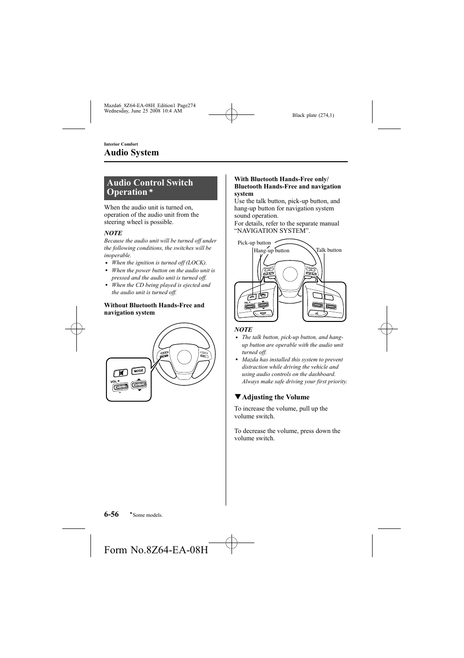 Audio control switch operation, Audio system | Mazda 2009 6 User Manual | Page 274 / 464