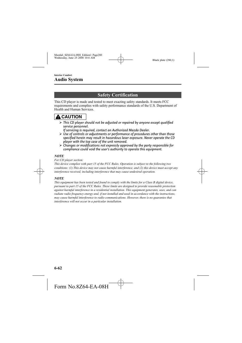 Safety certification, Audio system | Mazda 2009 6 User Manual | Page 280 / 464