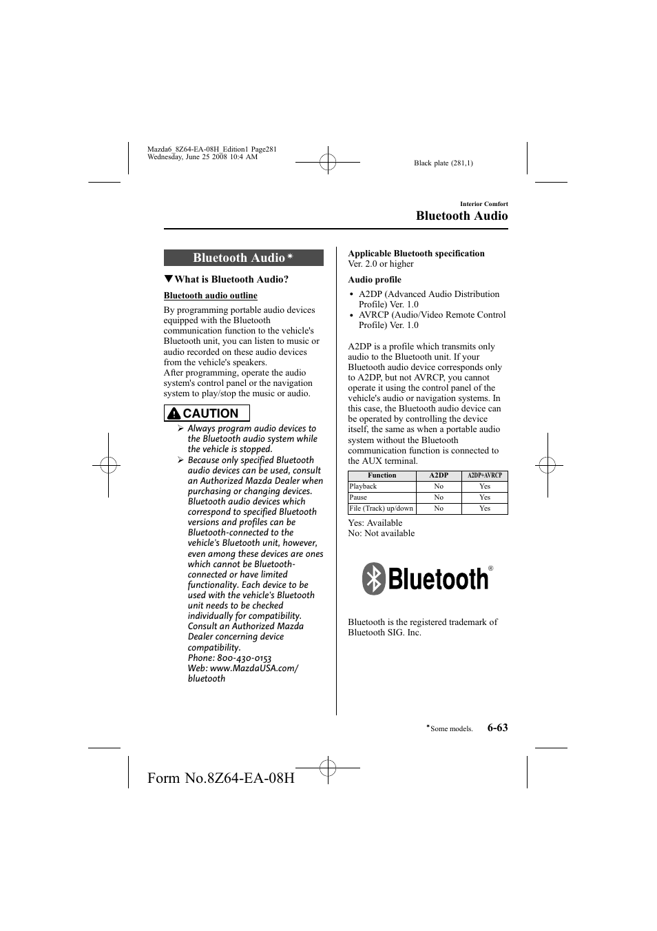 Bluetooth audio, Caution | Mazda 2009 6 User Manual | Page 281 / 464