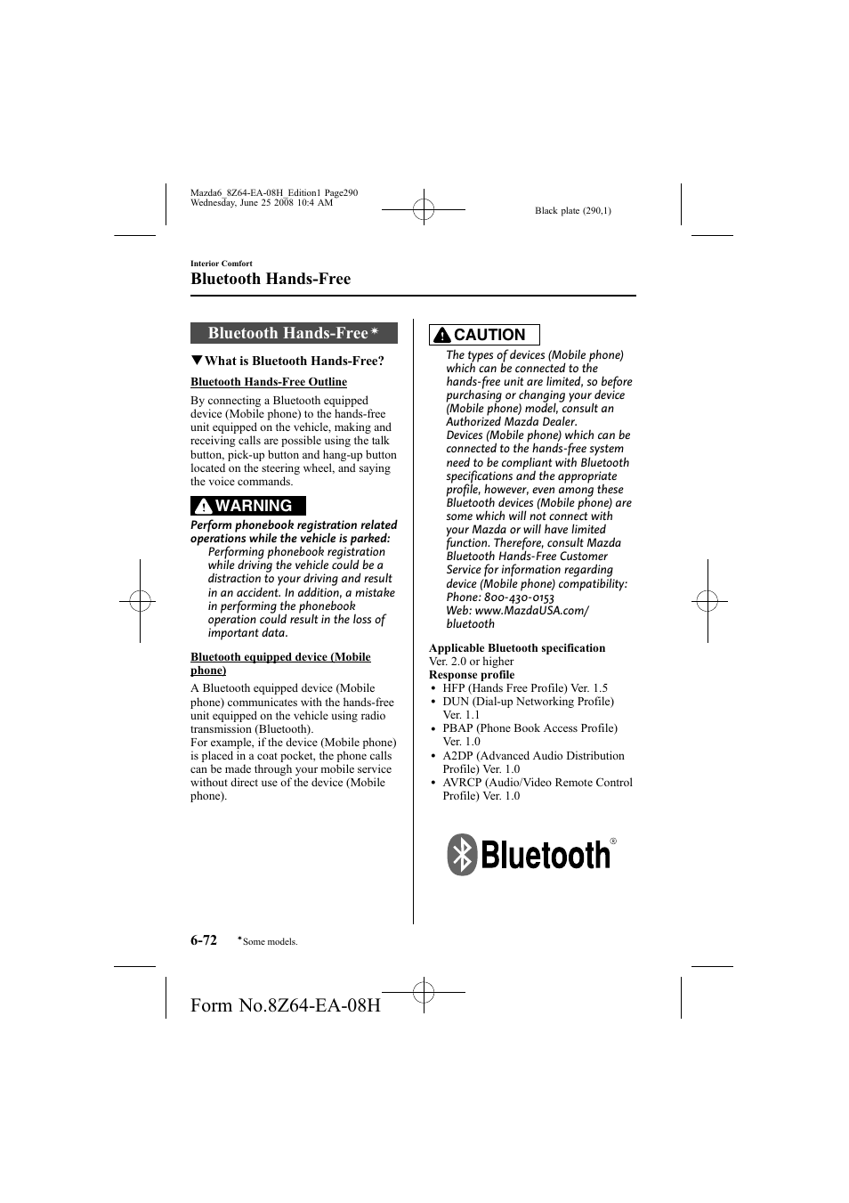 Bluetooth hands-free, Warning, Caution | Mazda 2009 6 User Manual | Page 290 / 464