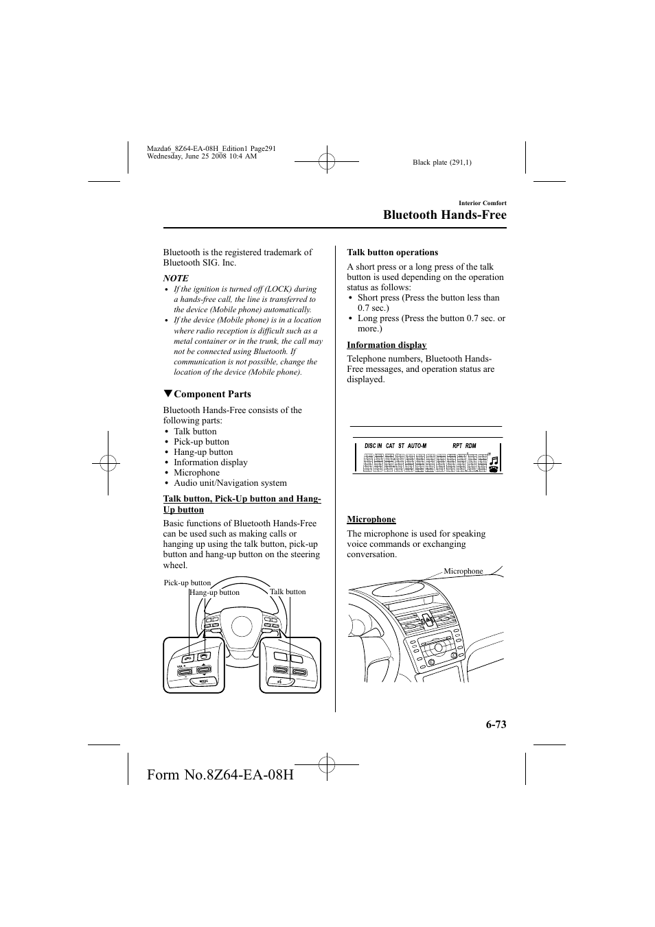 Bluetooth hands-free, Qcomponent parts | Mazda 2009 6 User Manual | Page 291 / 464