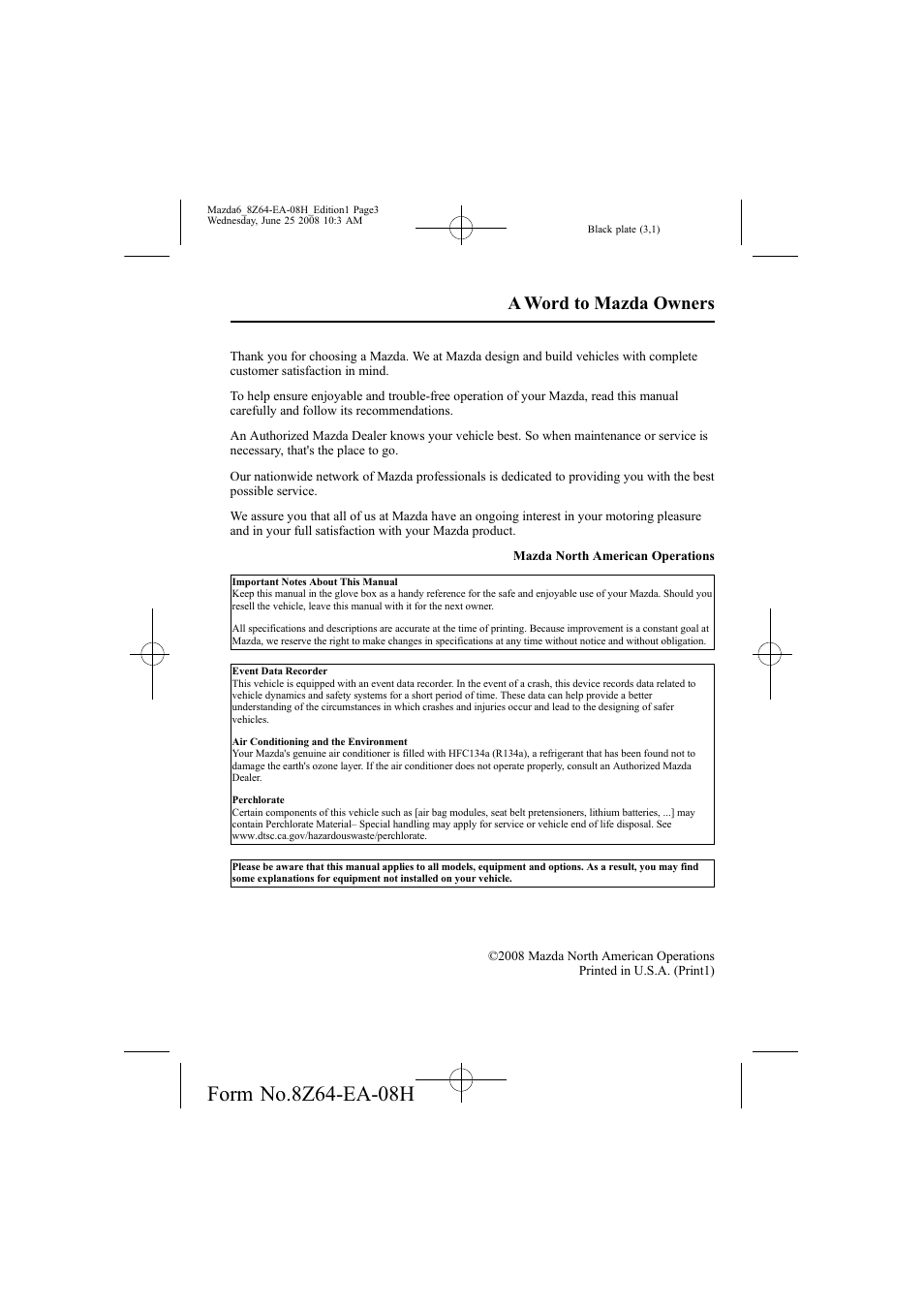 A word to mazda owners | Mazda 2009 6 User Manual | Page 3 / 464