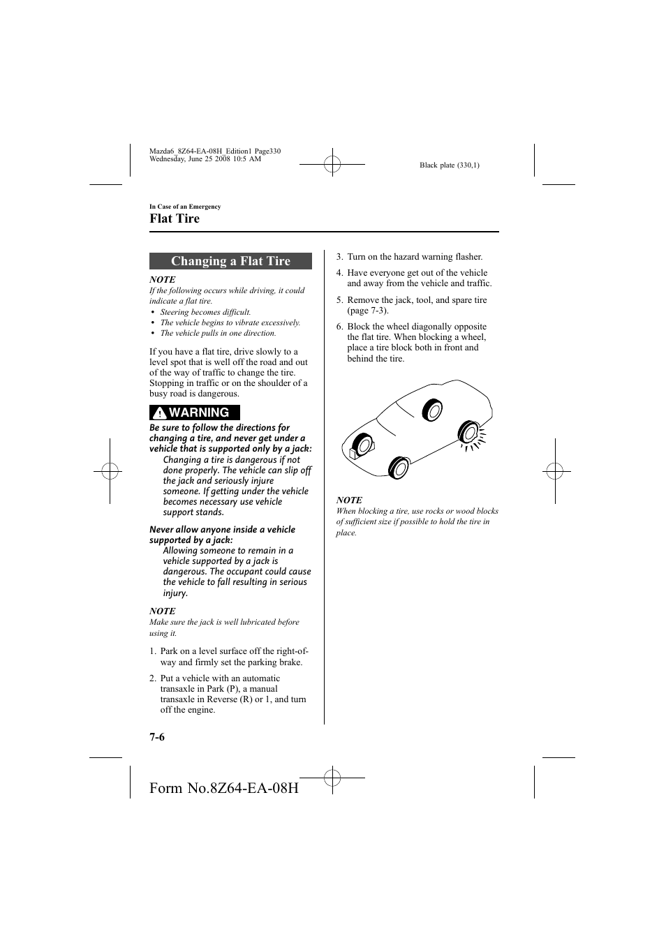 Changing a flat tire, Flat tire, Warning | Mazda 2009 6 User Manual | Page 330 / 464