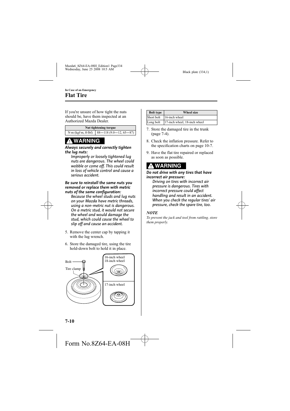 Flat tire, Warning | Mazda 2009 6 User Manual | Page 334 / 464