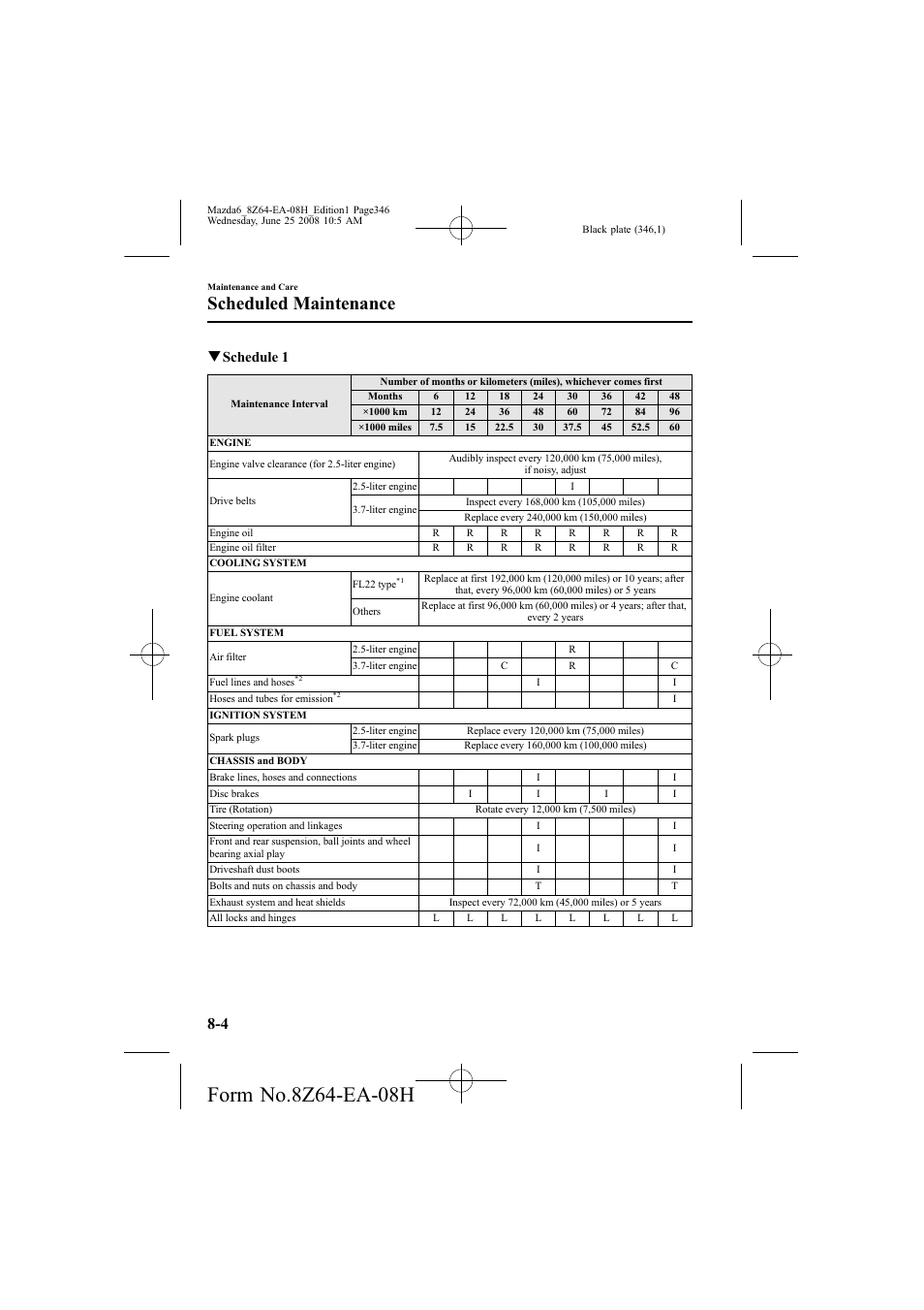 Scheduled maintenance, Qschedule 1 | Mazda 2009 6 User Manual | Page 346 / 464