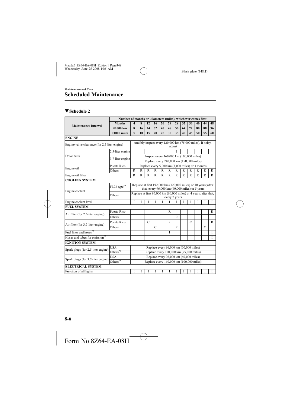 Scheduled maintenance, Qschedule 2 | Mazda 2009 6 User Manual | Page 348 / 464