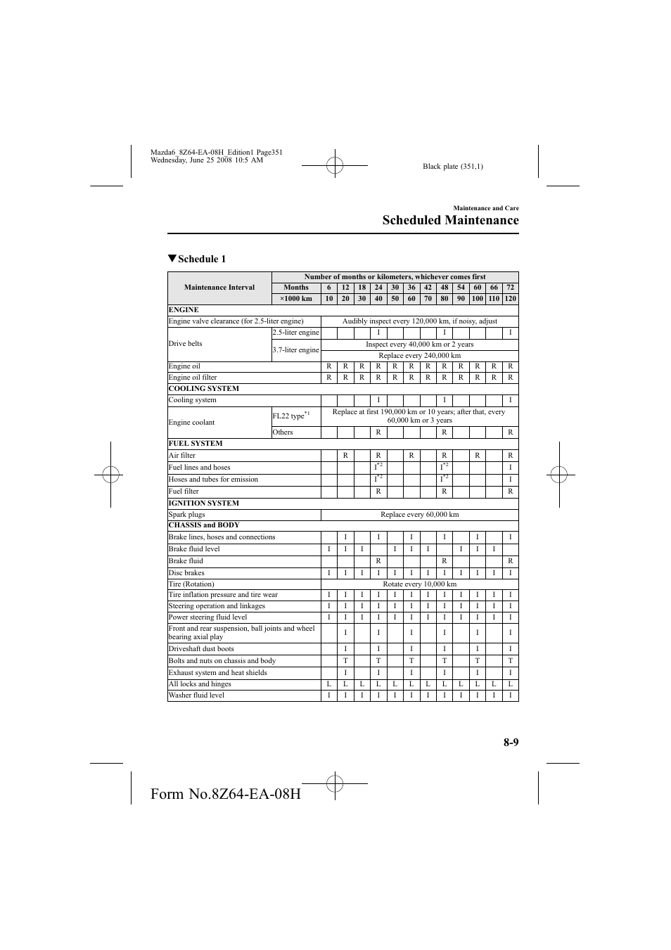 Scheduled maintenance, Qschedule 1 | Mazda 2009 6 User Manual | Page 351 / 464