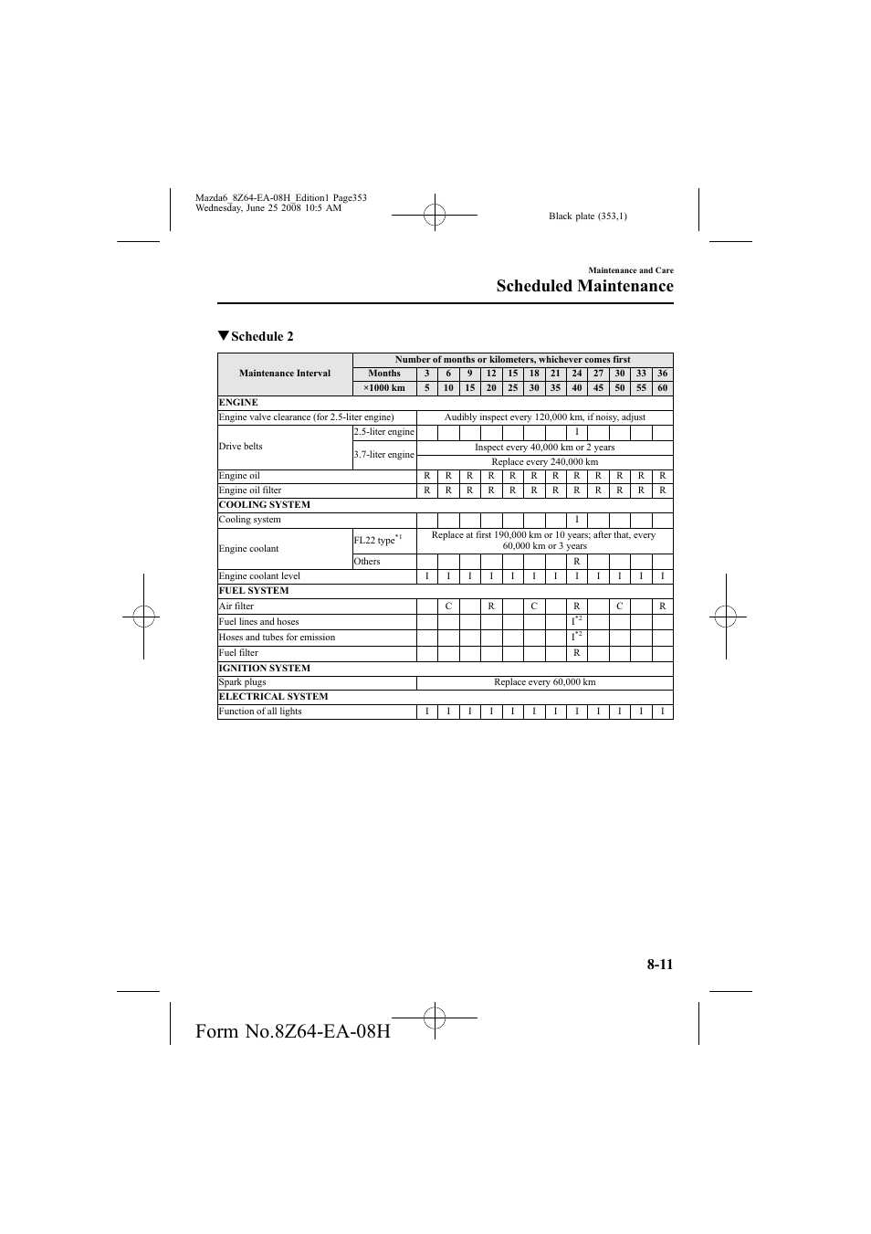 Scheduled maintenance, Qschedule 2 | Mazda 2009 6 User Manual | Page 353 / 464