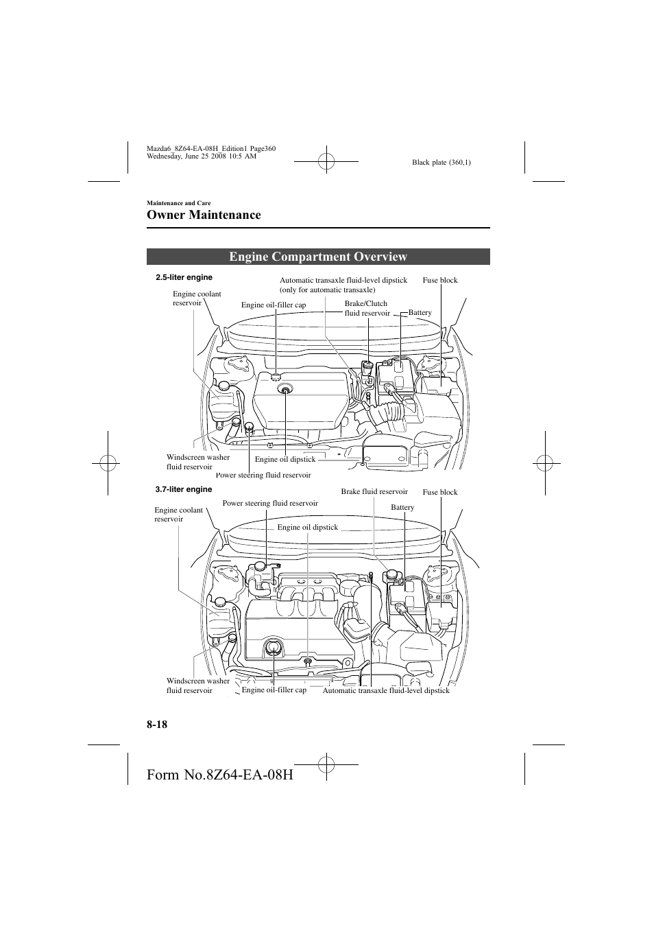 Engine compartment overview, Owner maintenance | Mazda 2009 6 User Manual | Page 360 / 464