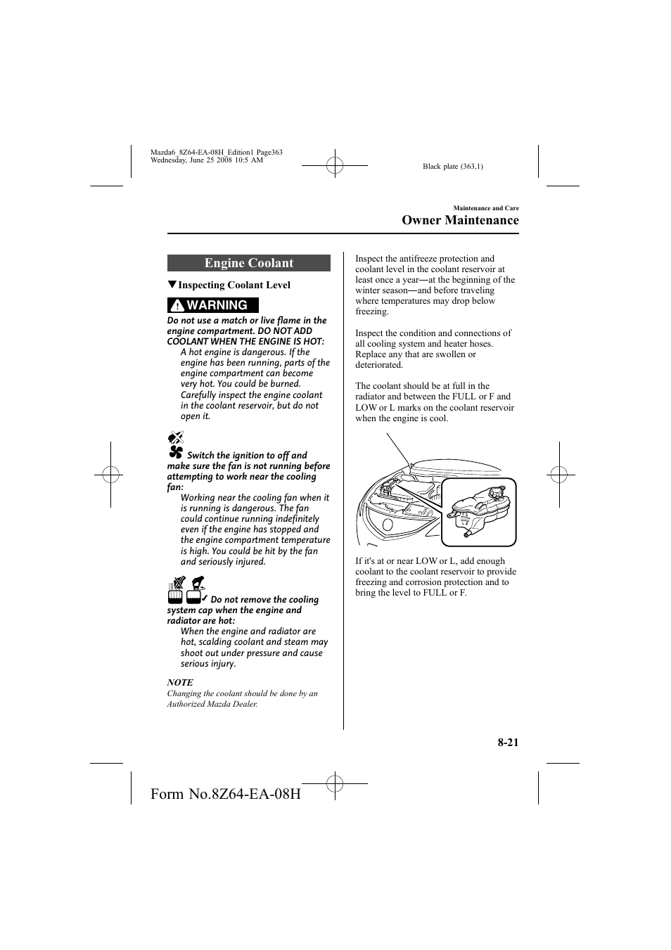 Engine coolant, Owner maintenance | Mazda 2009 6 User Manual | Page 363 / 464