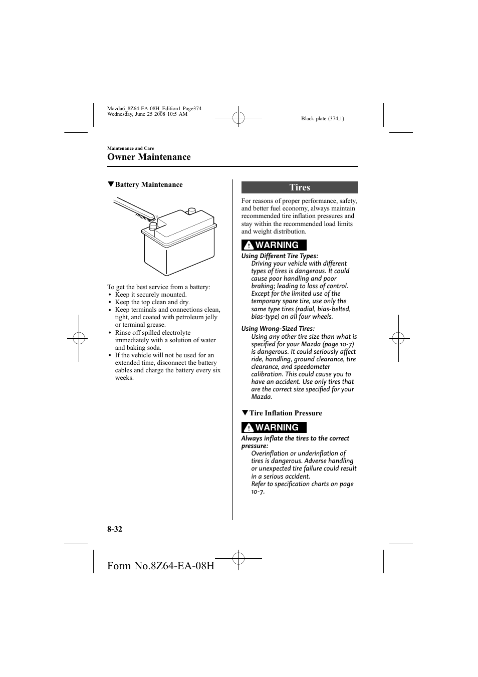 Tires, Owner maintenance, Warning | Mazda 2009 6 User Manual | Page 374 / 464