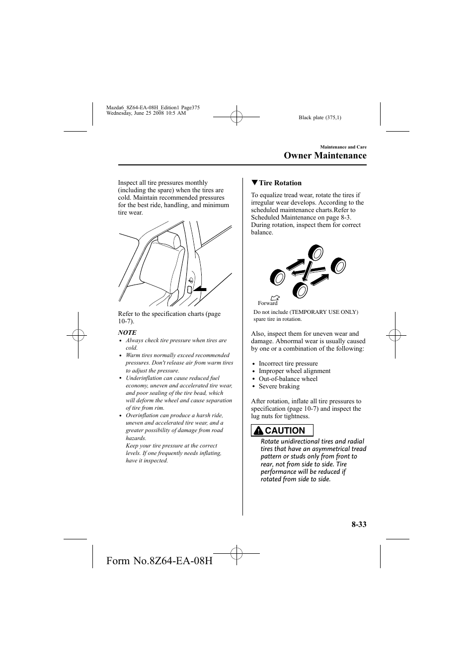 Owner maintenance, Caution, Qtire rotation | Mazda 2009 6 User Manual | Page 375 / 464