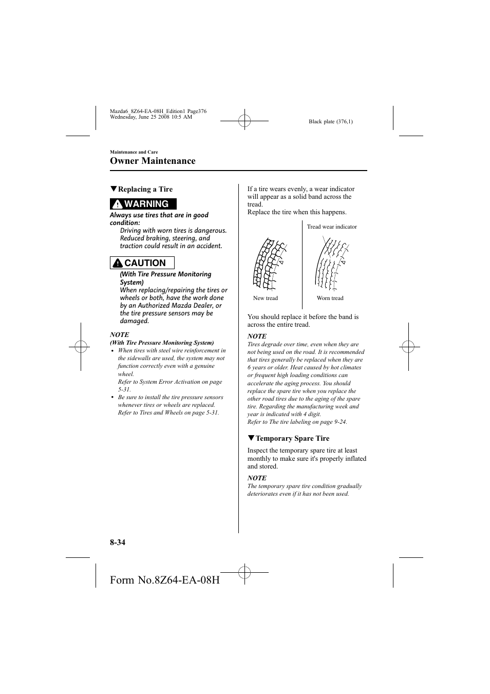 Owner maintenance, Warning, Caution | Mazda 2009 6 User Manual | Page 376 / 464