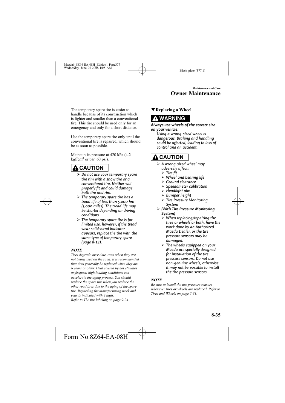 Owner maintenance, Caution, Warning | Mazda 2009 6 User Manual | Page 377 / 464