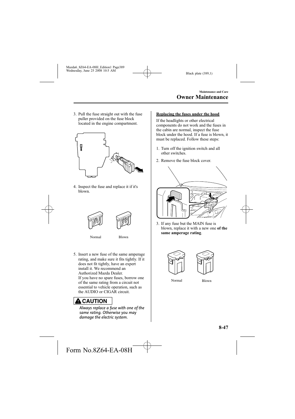 Owner maintenance, Caution | Mazda 2009 6 User Manual | Page 389 / 464