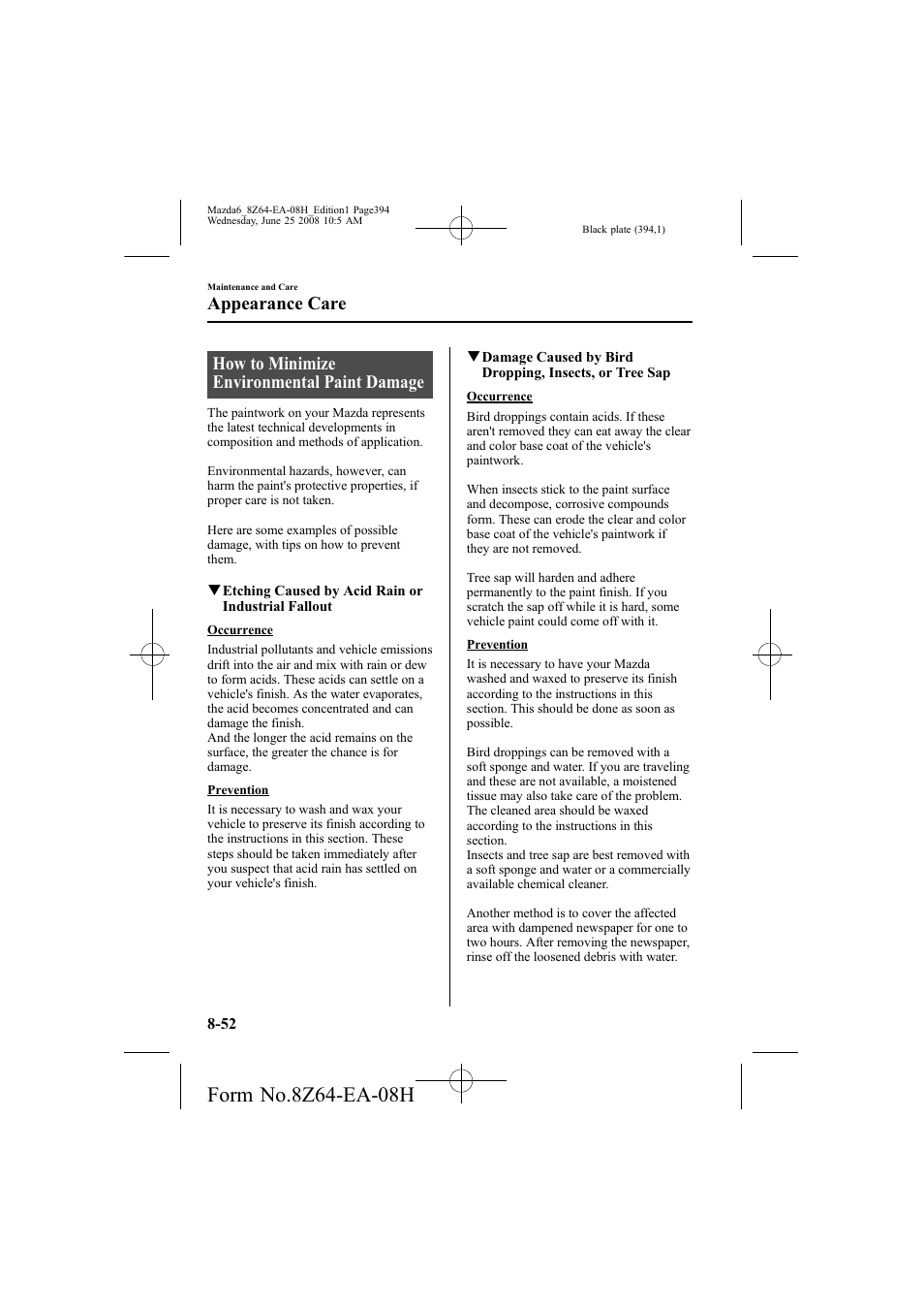 How to minimize environmental paint damage, Appearance care | Mazda 2009 6 User Manual | Page 394 / 464