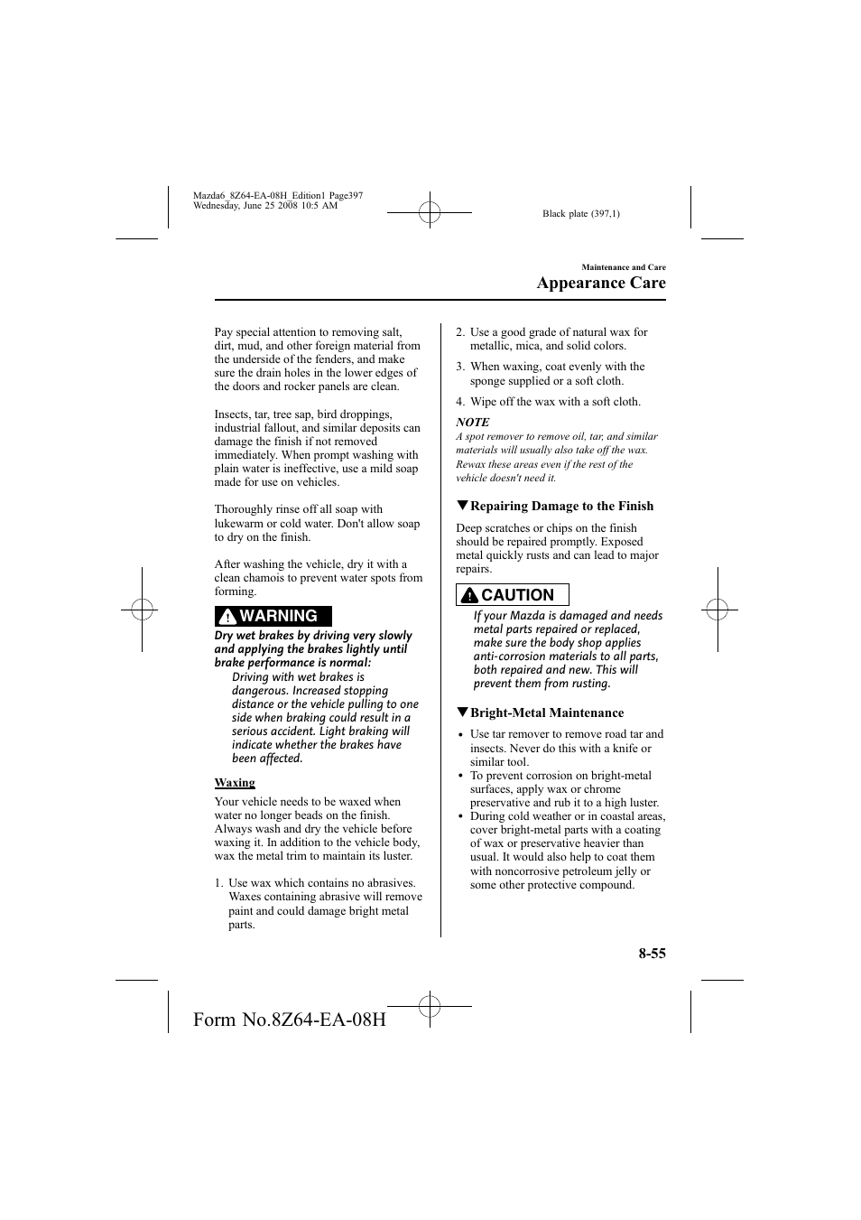 Appearance care, Warning, Caution | Mazda 2009 6 User Manual | Page 397 / 464