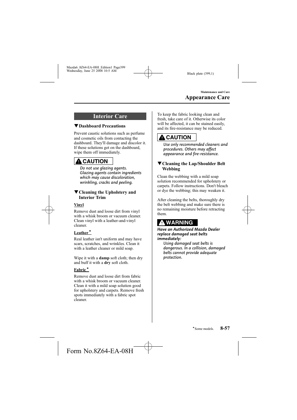 Interior care, Appearance care, Caution | Warning | Mazda 2009 6 User Manual | Page 399 / 464