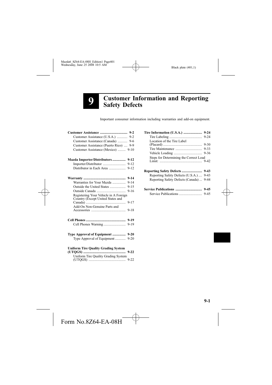 Customer information and reporting safety defects | Mazda 2009 6 User Manual | Page 401 / 464