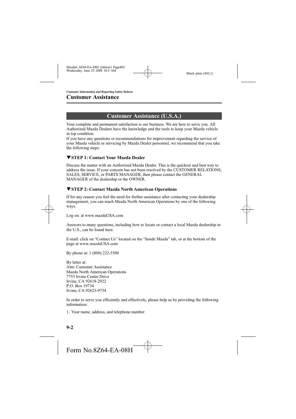 Customer assistance (u.s.a.), Customer assistance | Mazda 2009 6 User Manual | Page 402 / 464