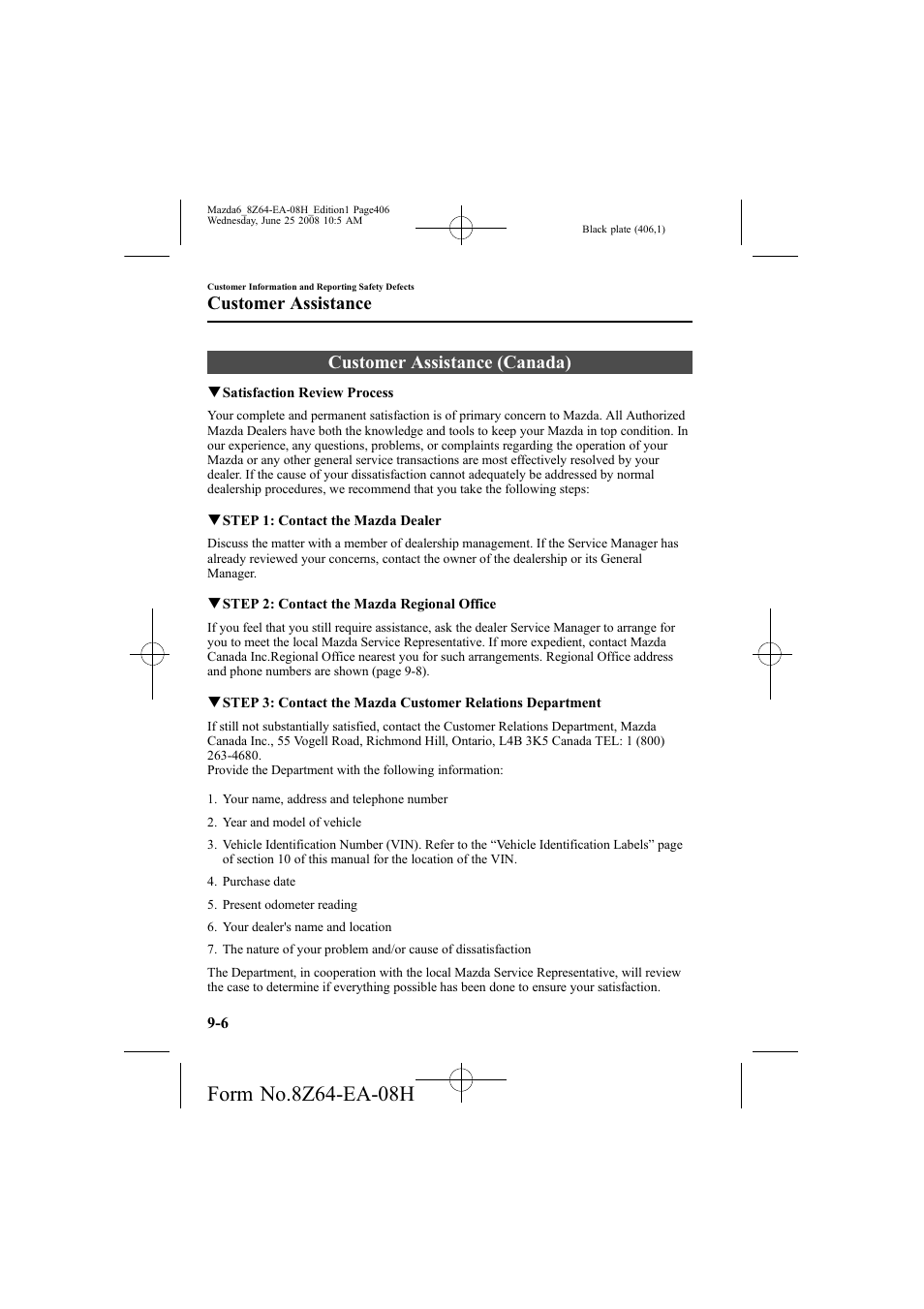 Customer assistance (canada), Customer assistance | Mazda 2009 6 User Manual | Page 406 / 464