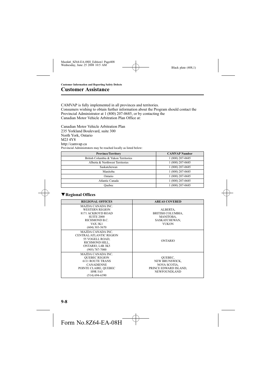 Customer assistance, Qregional offices | Mazda 2009 6 User Manual | Page 408 / 464